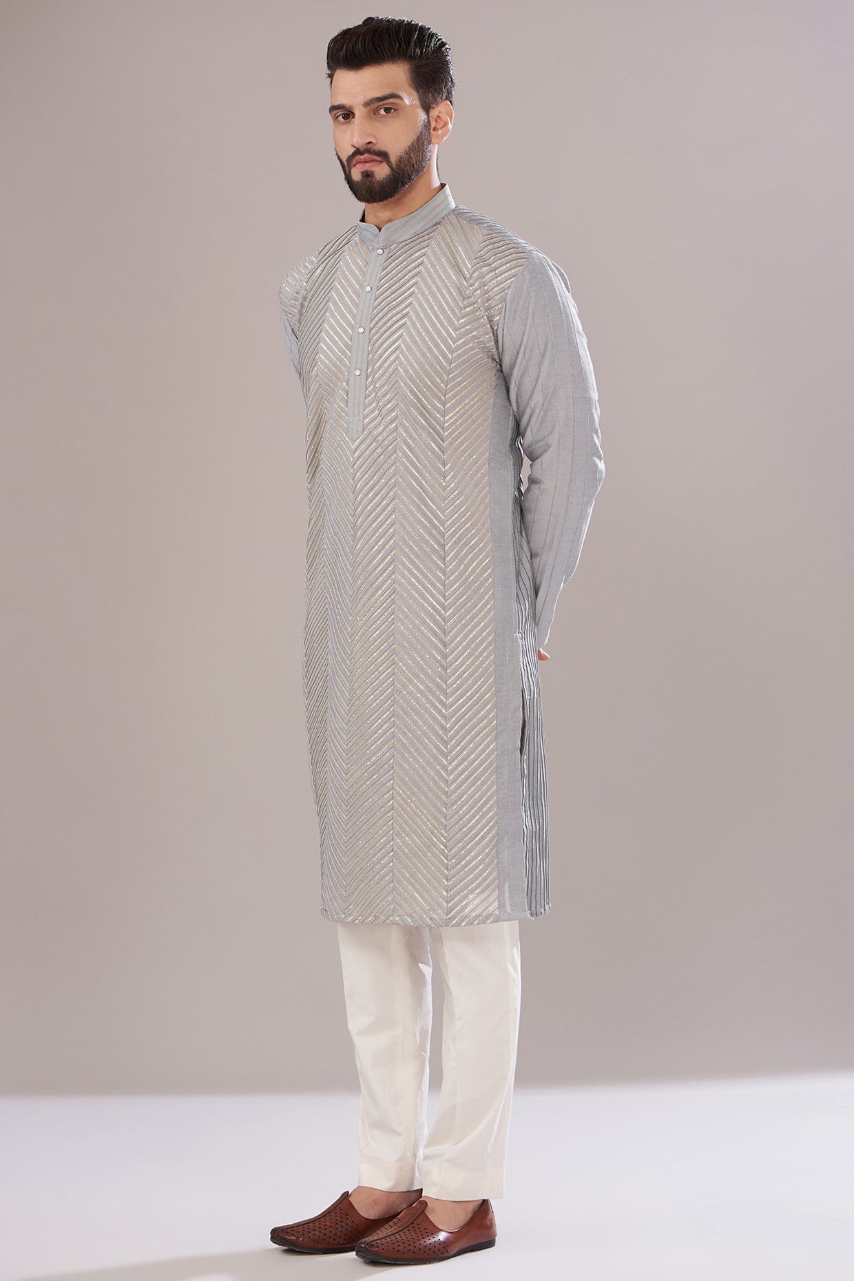 Matte Blue Slub Silk Embroidered Kurta - kasbahmen