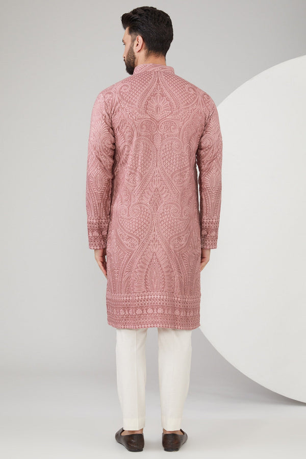 Mud Pink Silk Thread Embroidered Chikankari Kurta