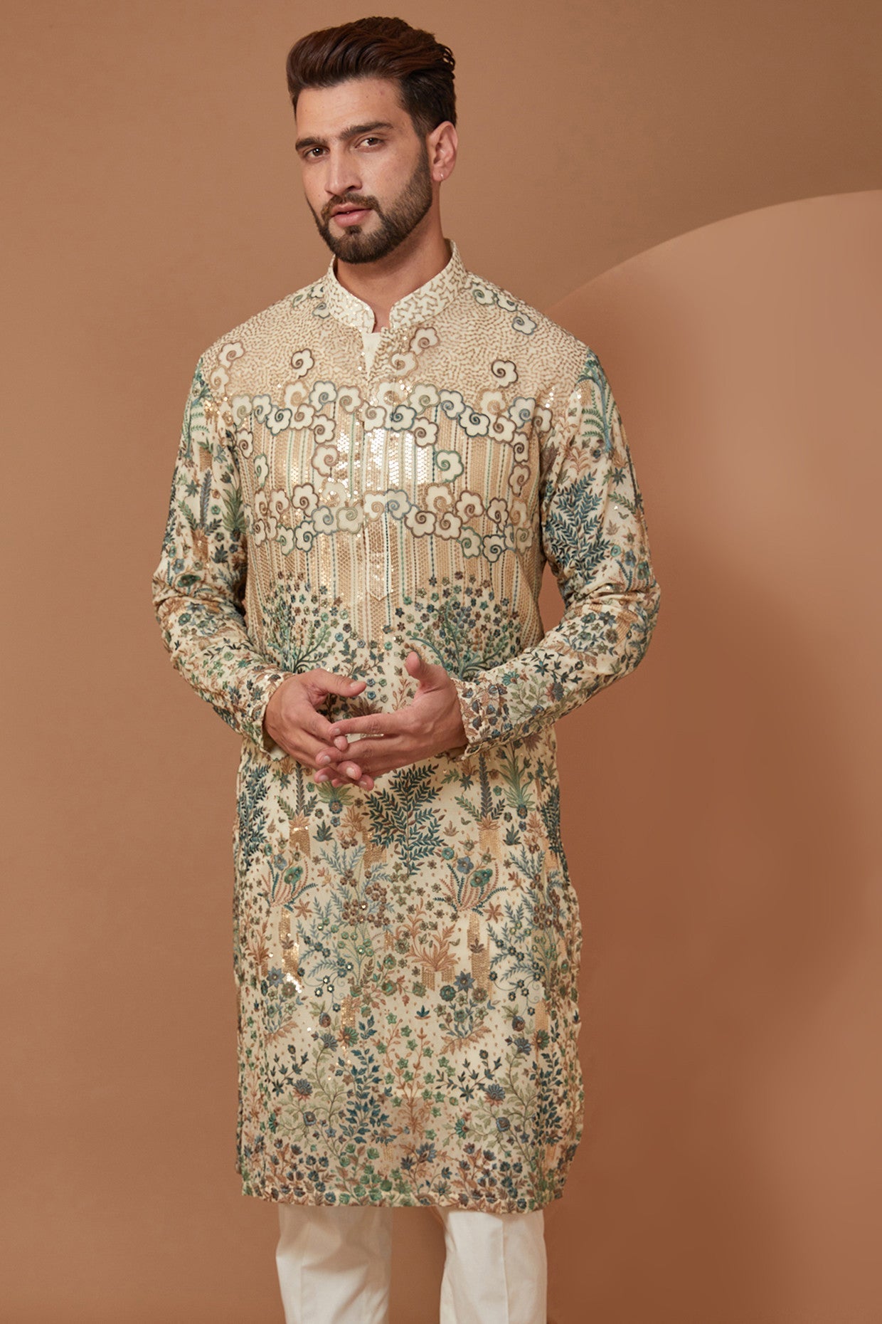 Intricately Crafted Ivory Floral Kurta with Green and Gold Threadwork - kasbahmen