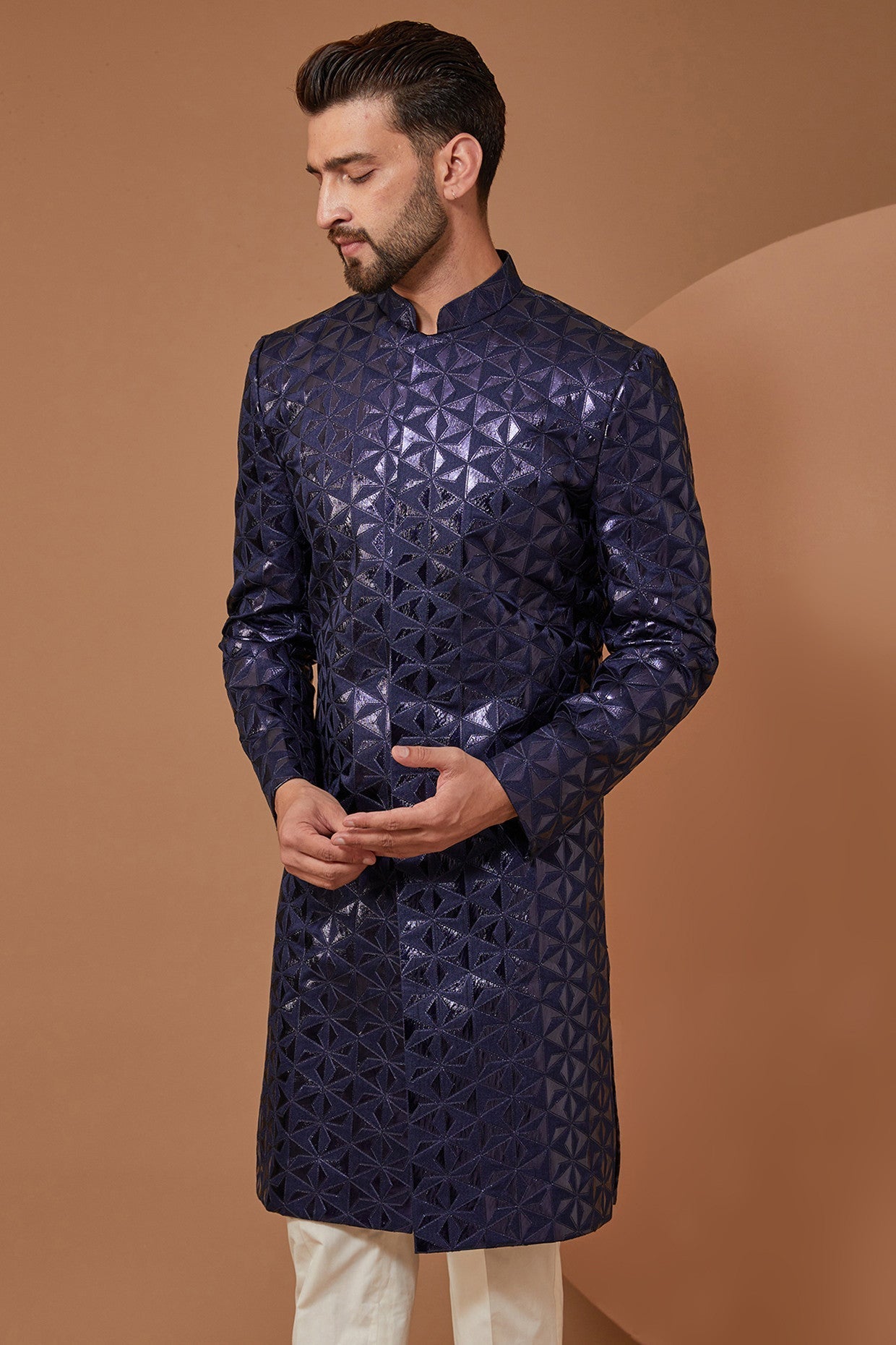 Blue Leather Cut Indowestern - kasbahmen