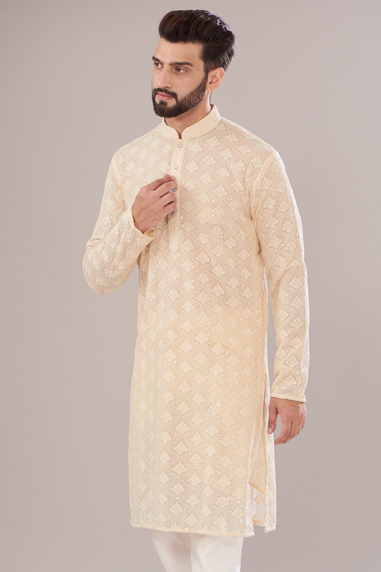 Light Beige Georgette Embroidered Kurta - kasbahmen