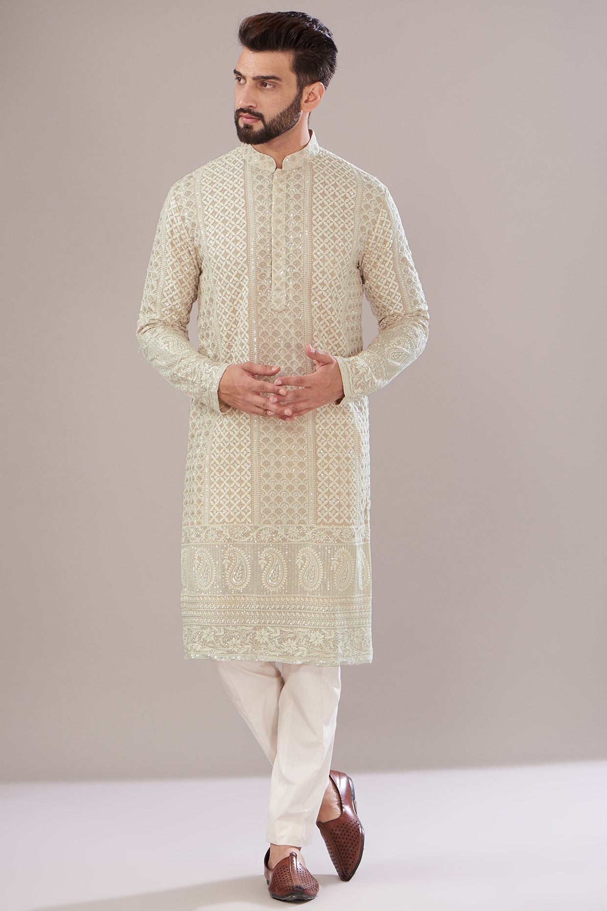 Ivory Georgette Embroidered Lucknowi Kurta - kasbahmen