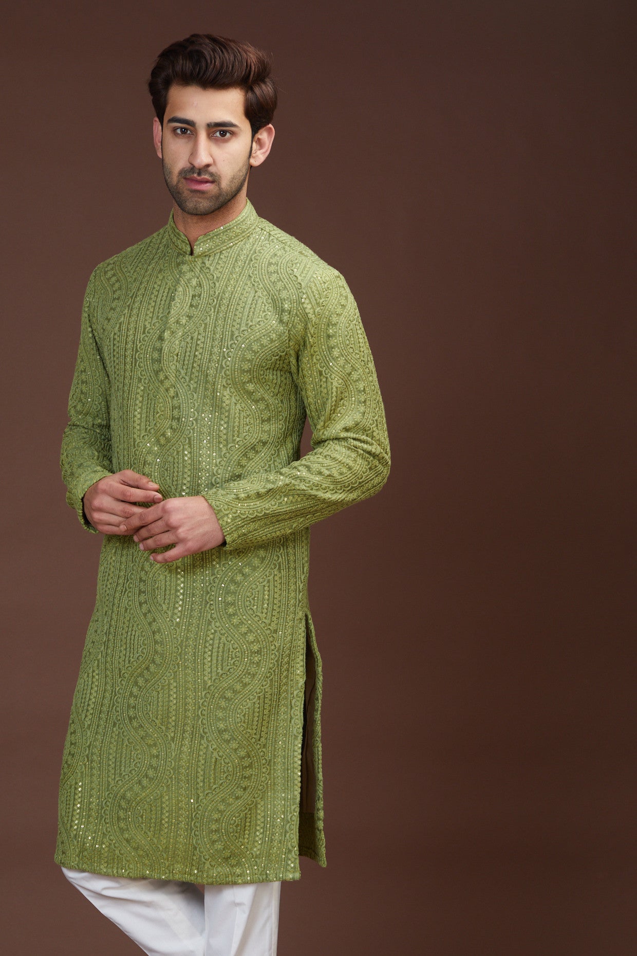 Formal mehndi green embrodried kurta - kasbahmen