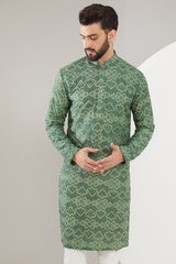 Eel Green Geometrically Embroidered Kurta - kasbahmen