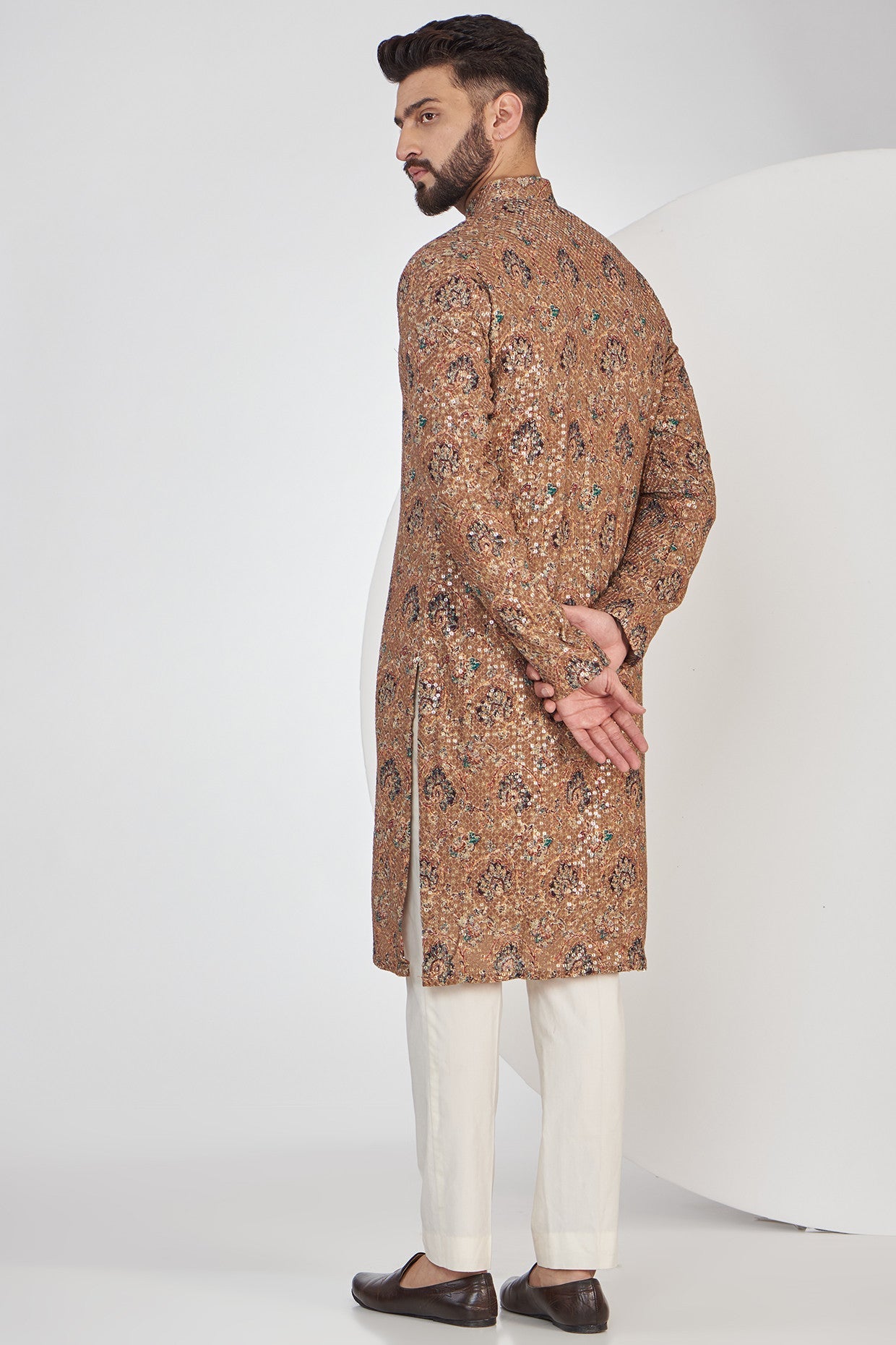 Tan Brown Floral Embroidered Kurta on Print - kasbahmen