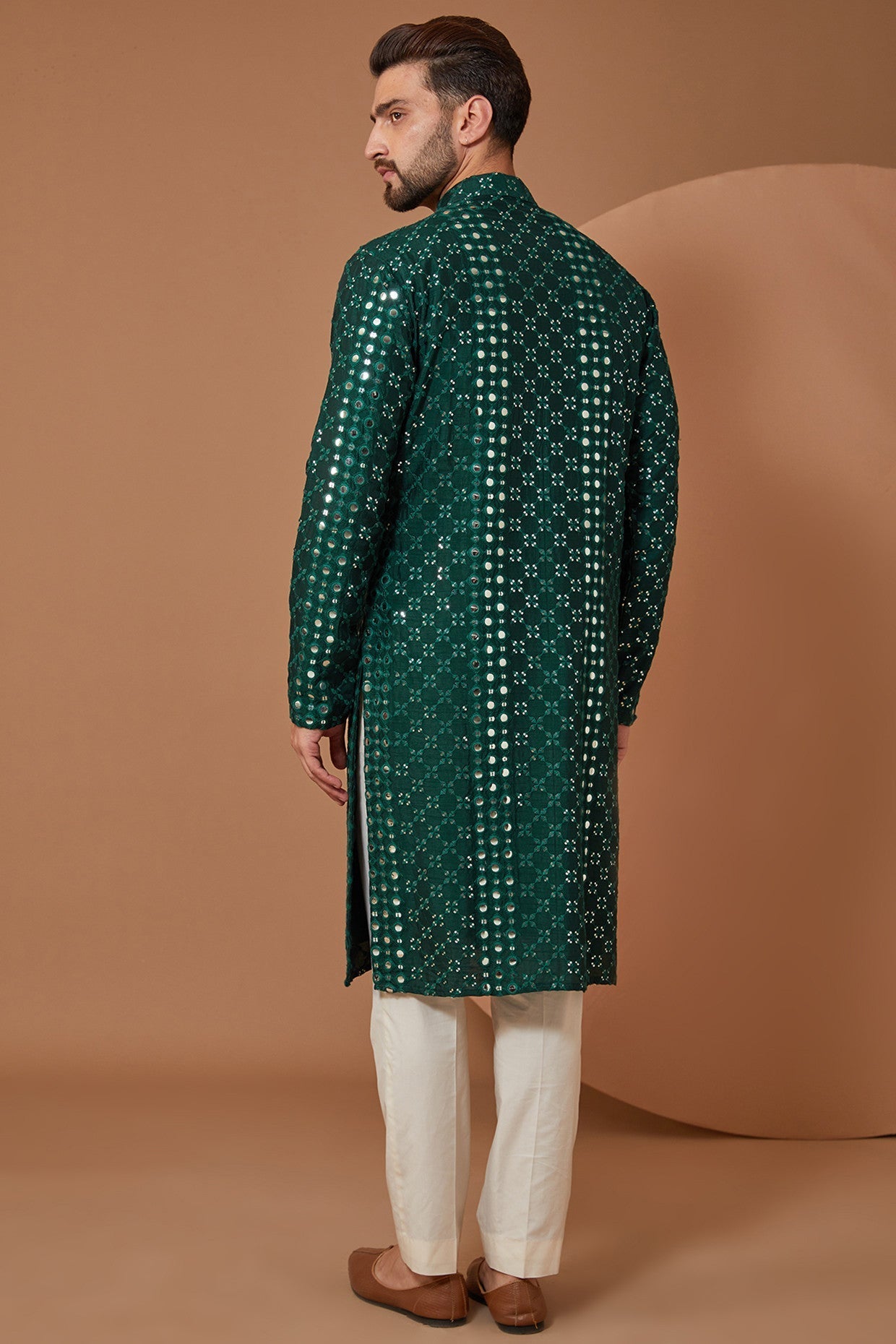 Signature Bottle Green Mirrorwork Kurta - kasbahmen