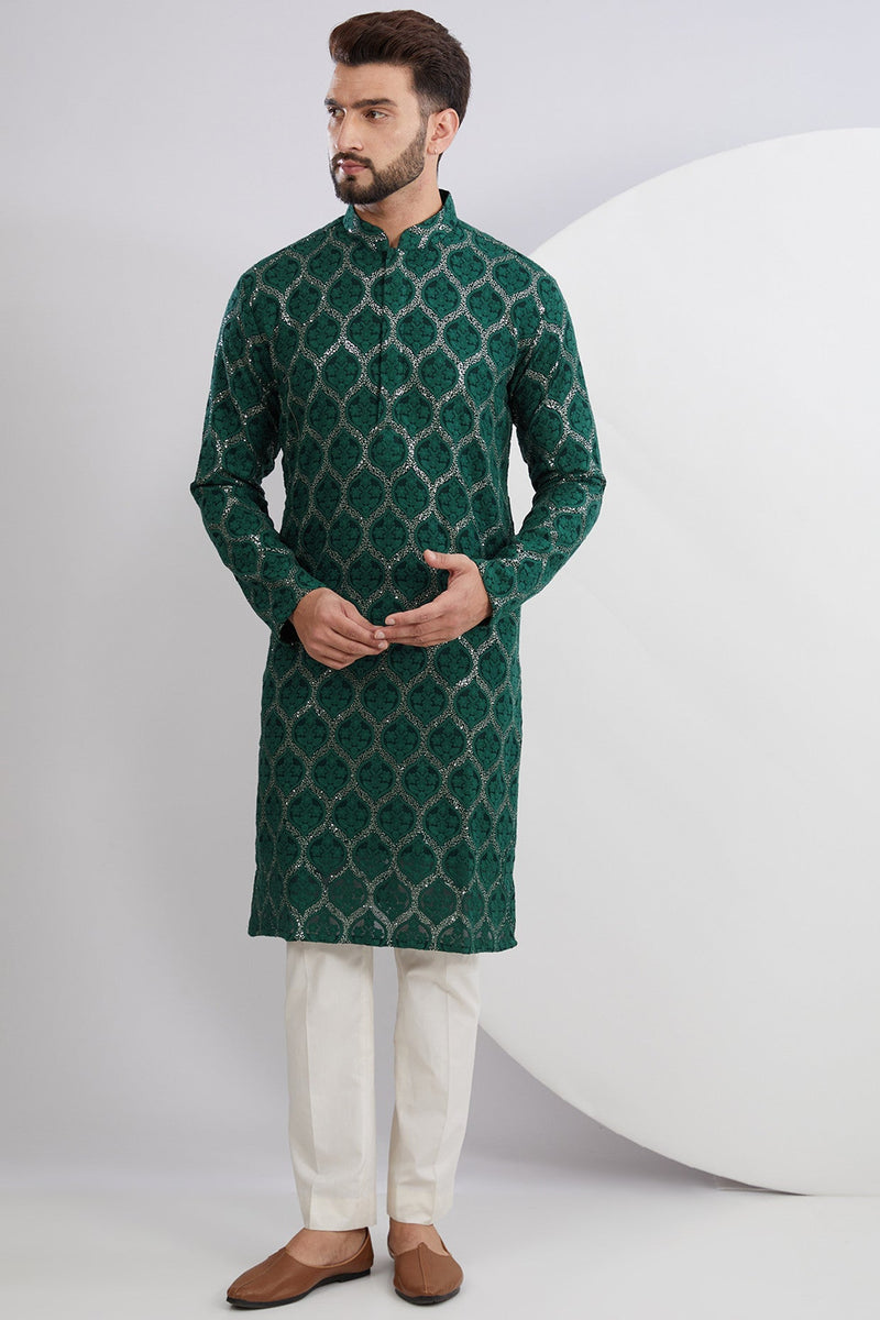 Bottle Green Embroidered Kurta - kasbahmen