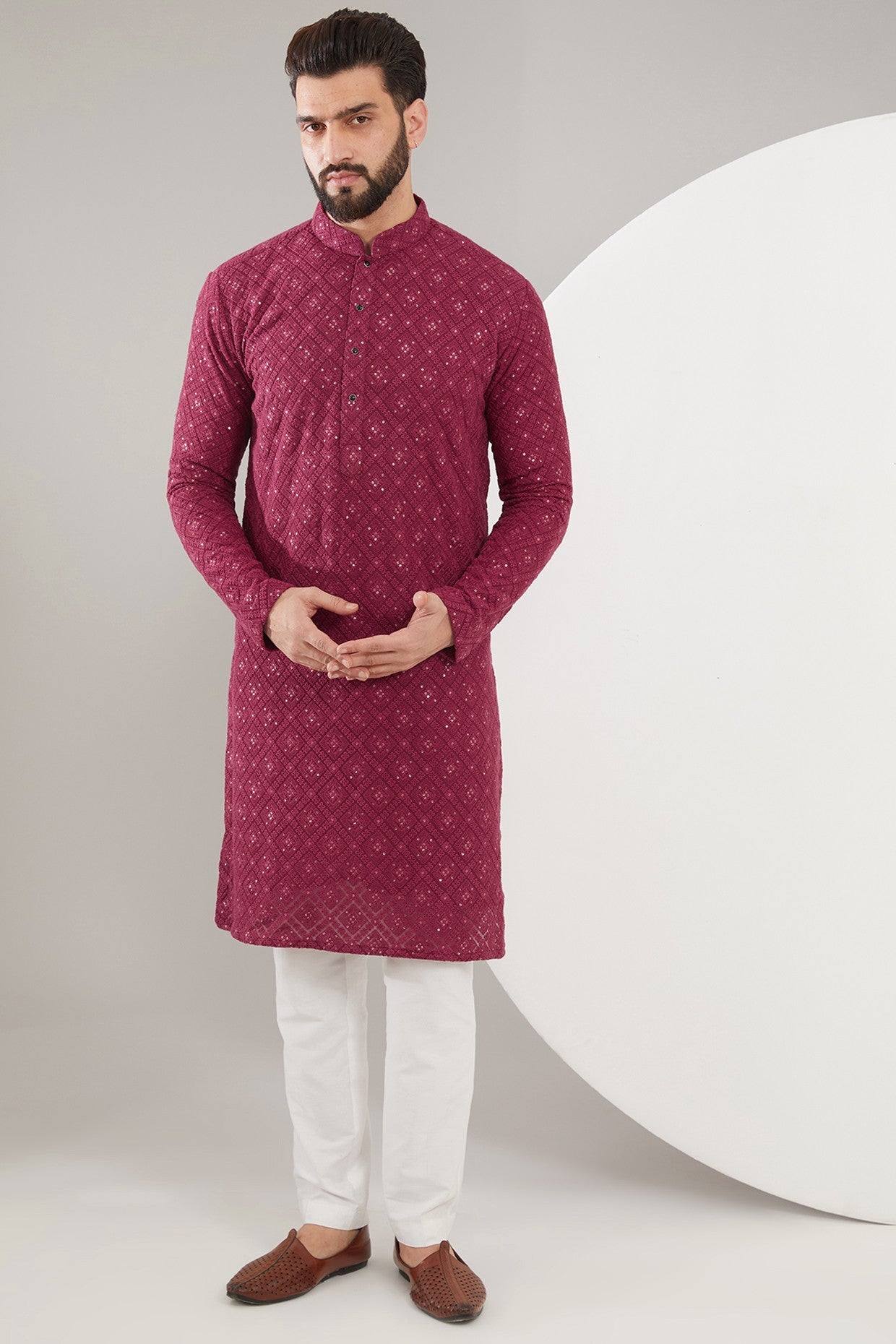 Maroon Chikankari Kurta with heavy thread and sequined embroidery - kasbahmen