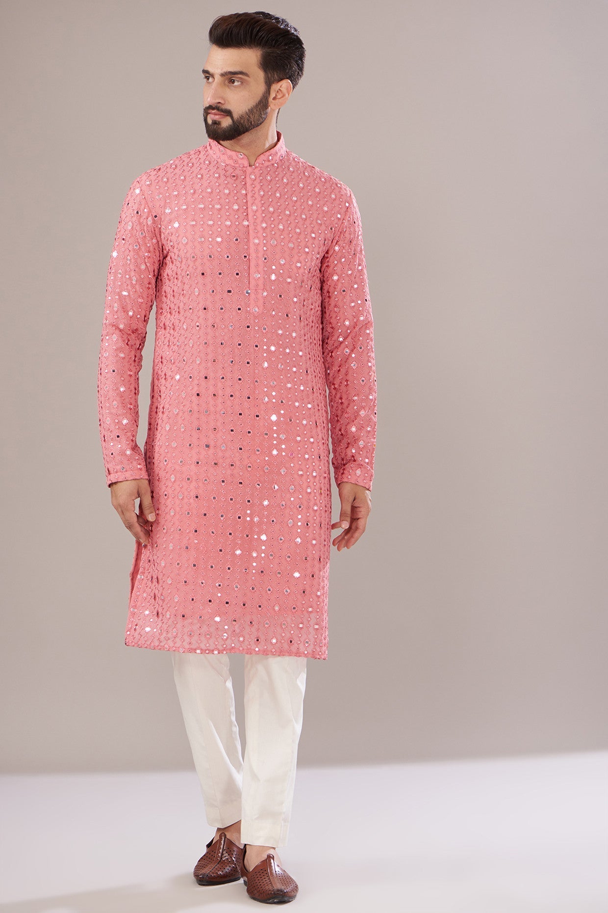 Coral Pink Georgette Embroidered Kurta - kasbahmen