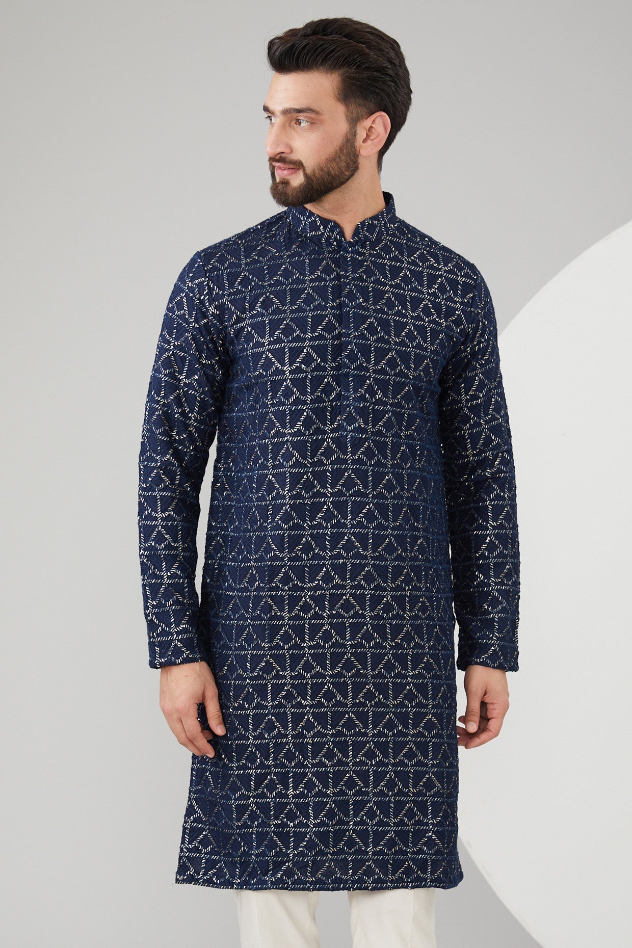 Navy Blue Silk Sequins Embroidered Kurta - kasbahmen