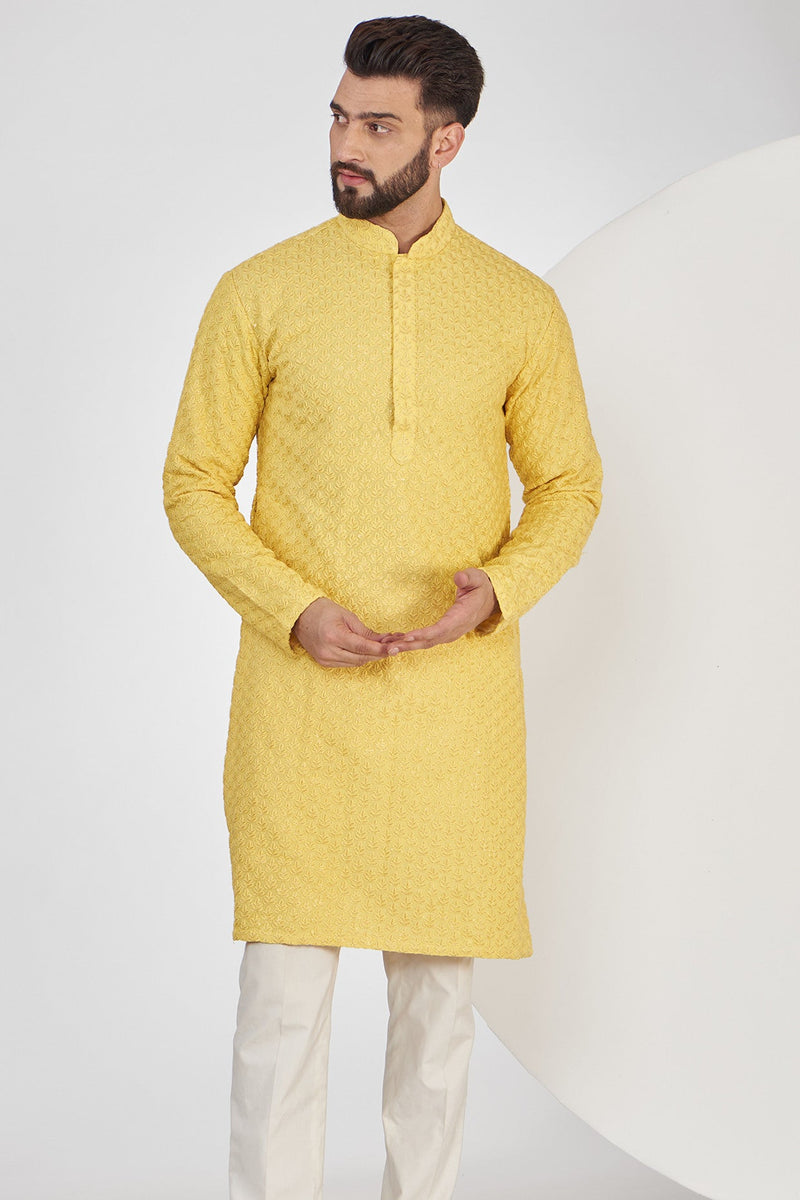 Yellow Chikankari Kurta with Intricate Threadwork - kasbahmen