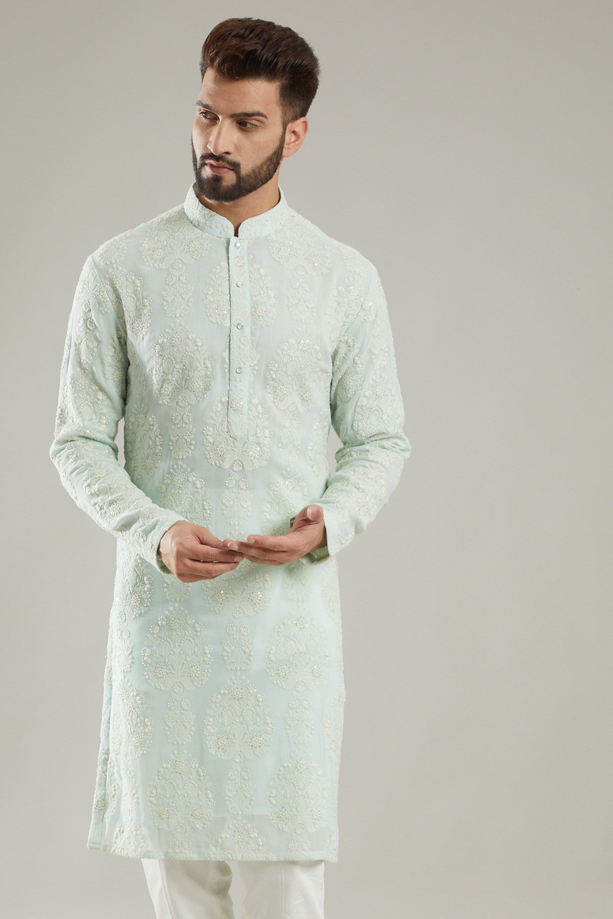 Powder Blue Embroidered Kurta - kasbahmen