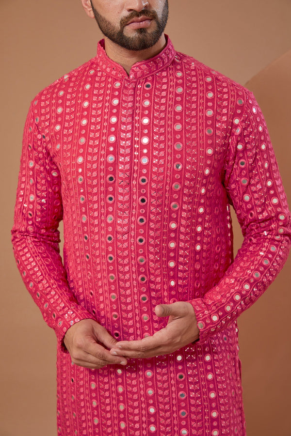 Hot Pink Classic Mirror-work Kurta - kasbahmen