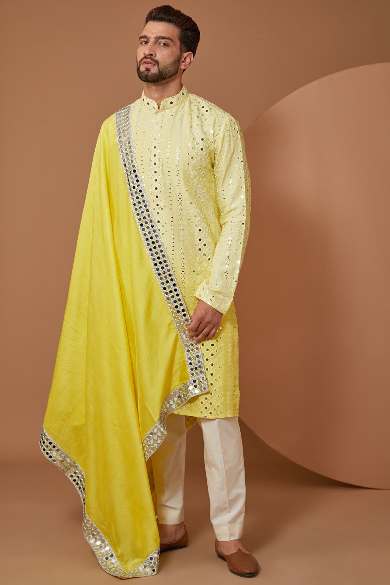 Yellow Ombre Shaded Mirror work kurta - kasbahmen