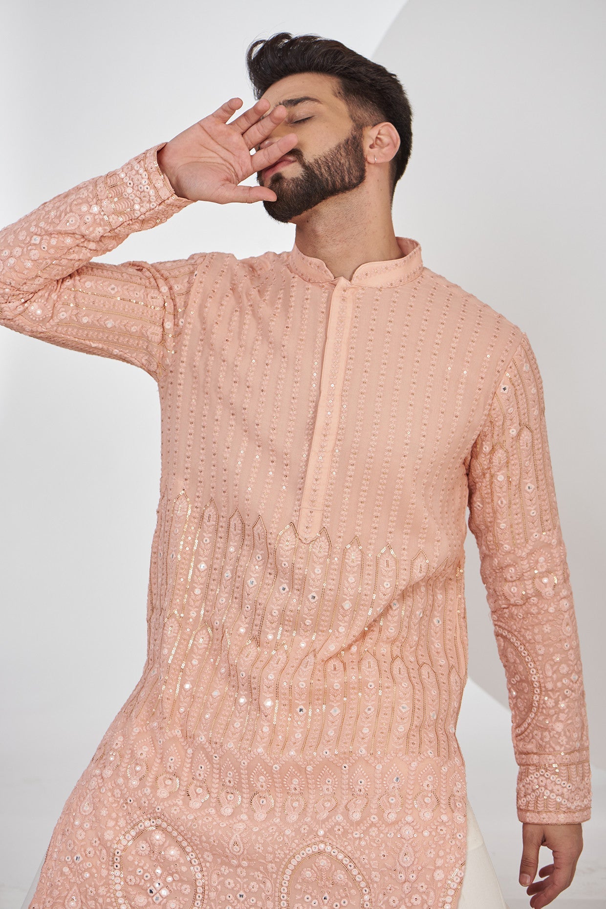 Peach Chikankari Kurta with intricate border embroidery - kasbahmen