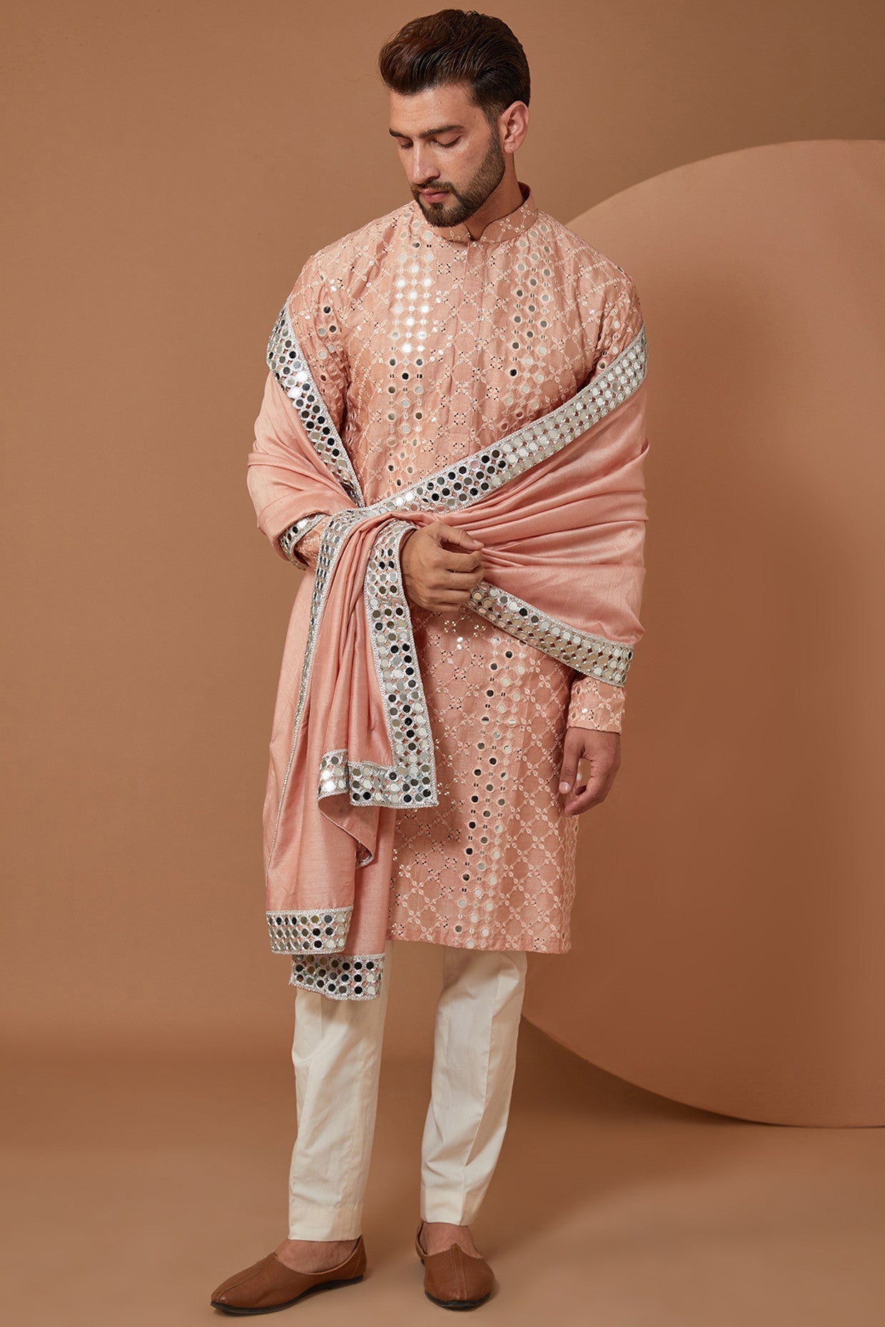 Peach Signature Mirrorwork Kurta - kasbahmen