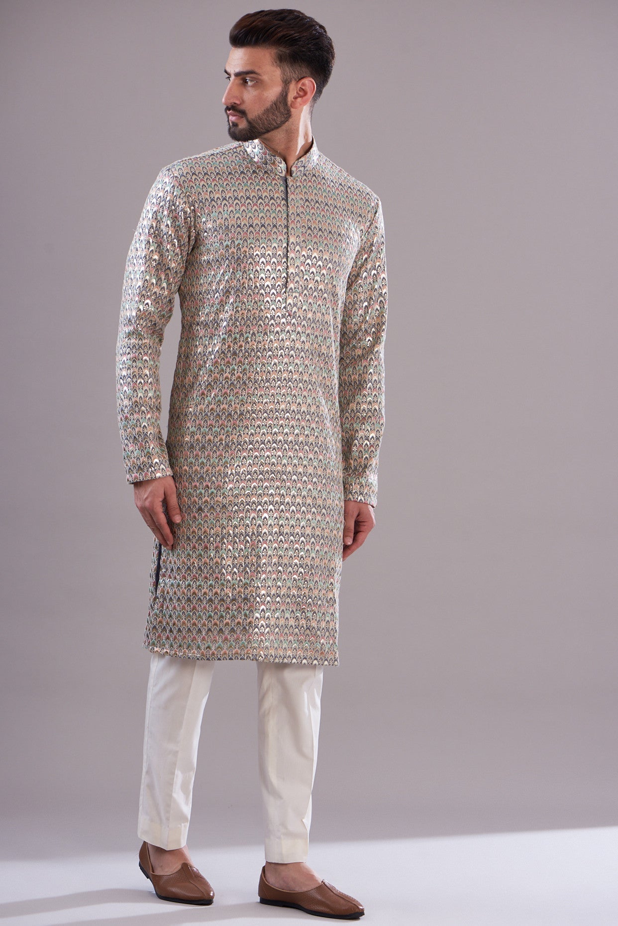 Grey multi threadwork kurta - kasbahmen