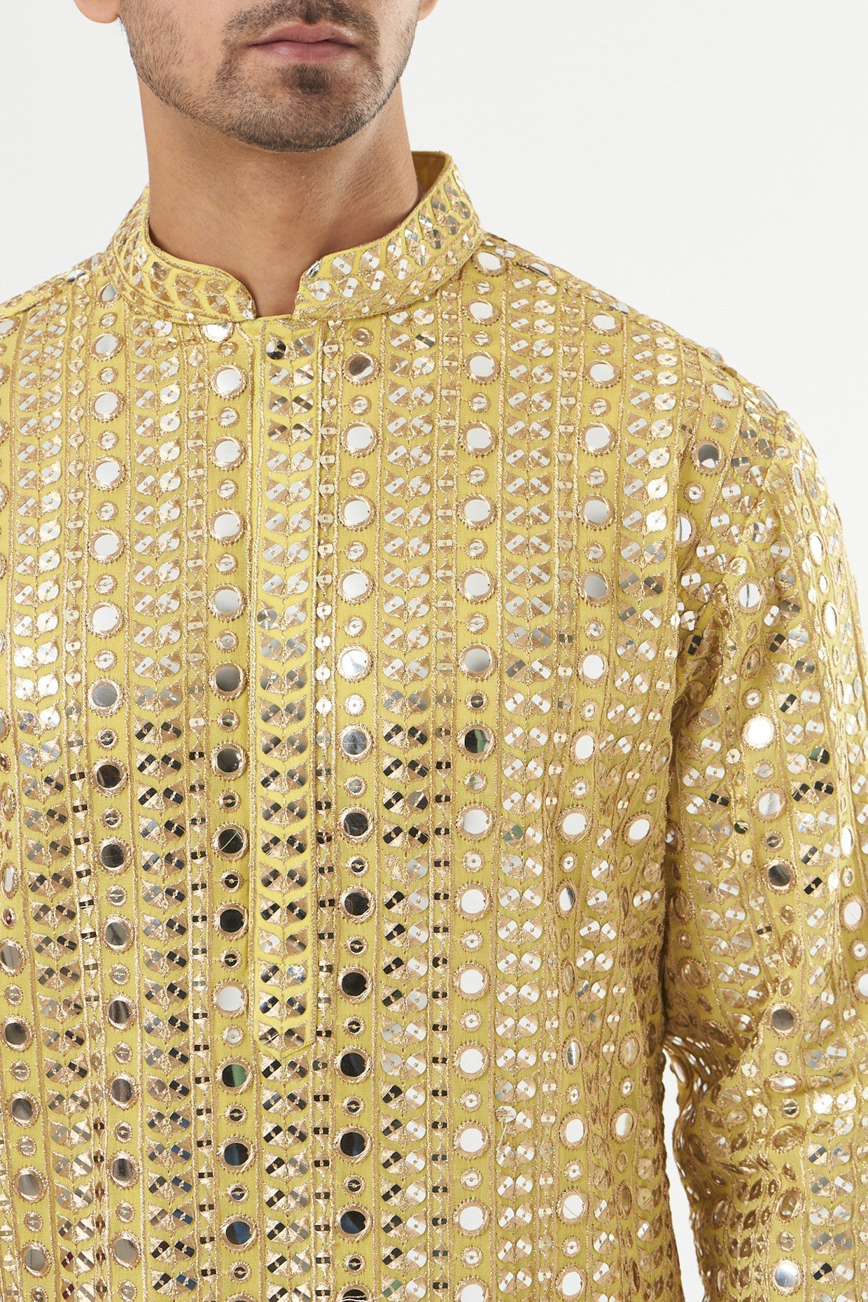 Lime Yellow Mirror Embroidered Kurta - kasbahmen