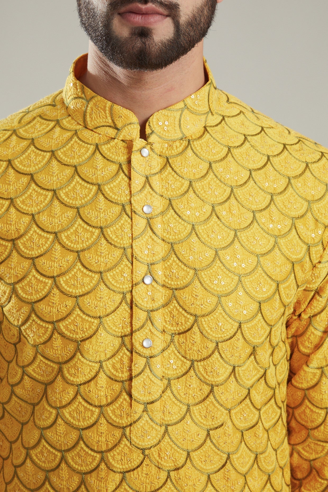 Mustard Silk Embroidered Kurta - kasbahmen