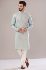 Sierra Blue Slub Silk Embroidered Kurta - kasbahmen