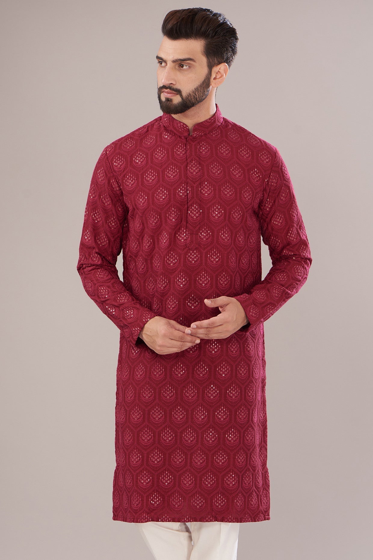 Red Silk Embroidered Kurta - kasbahmen