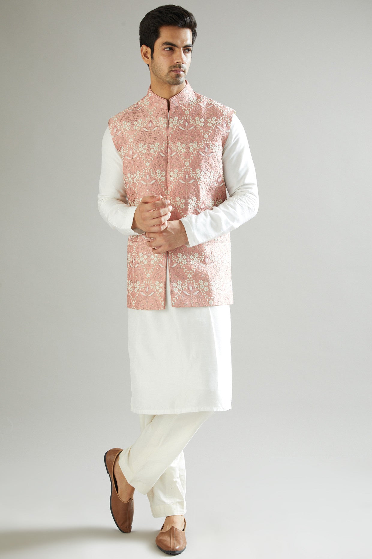 Mud Pink Embroidered Nehru Jacket - kasbahmen