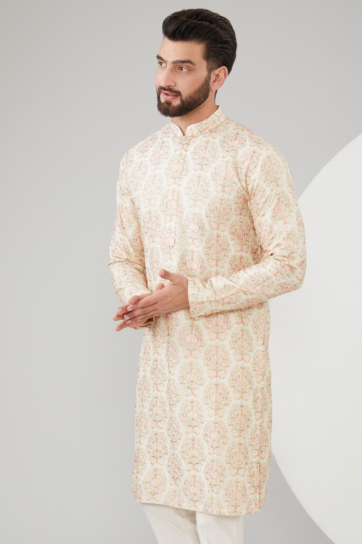 Beige Slub Silk Thread Embroidered Chikankari Kurta - kasbahmen