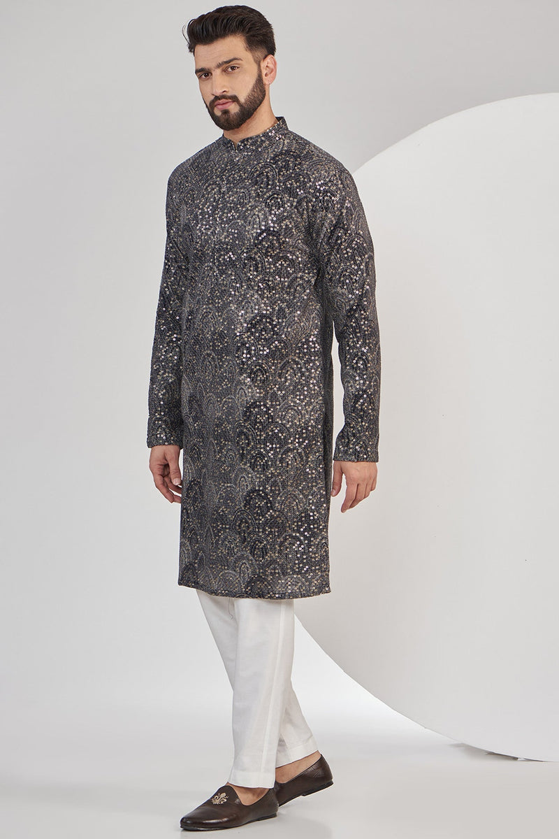 Black and grey embrodried kurta on print with sequin - kasbahmen