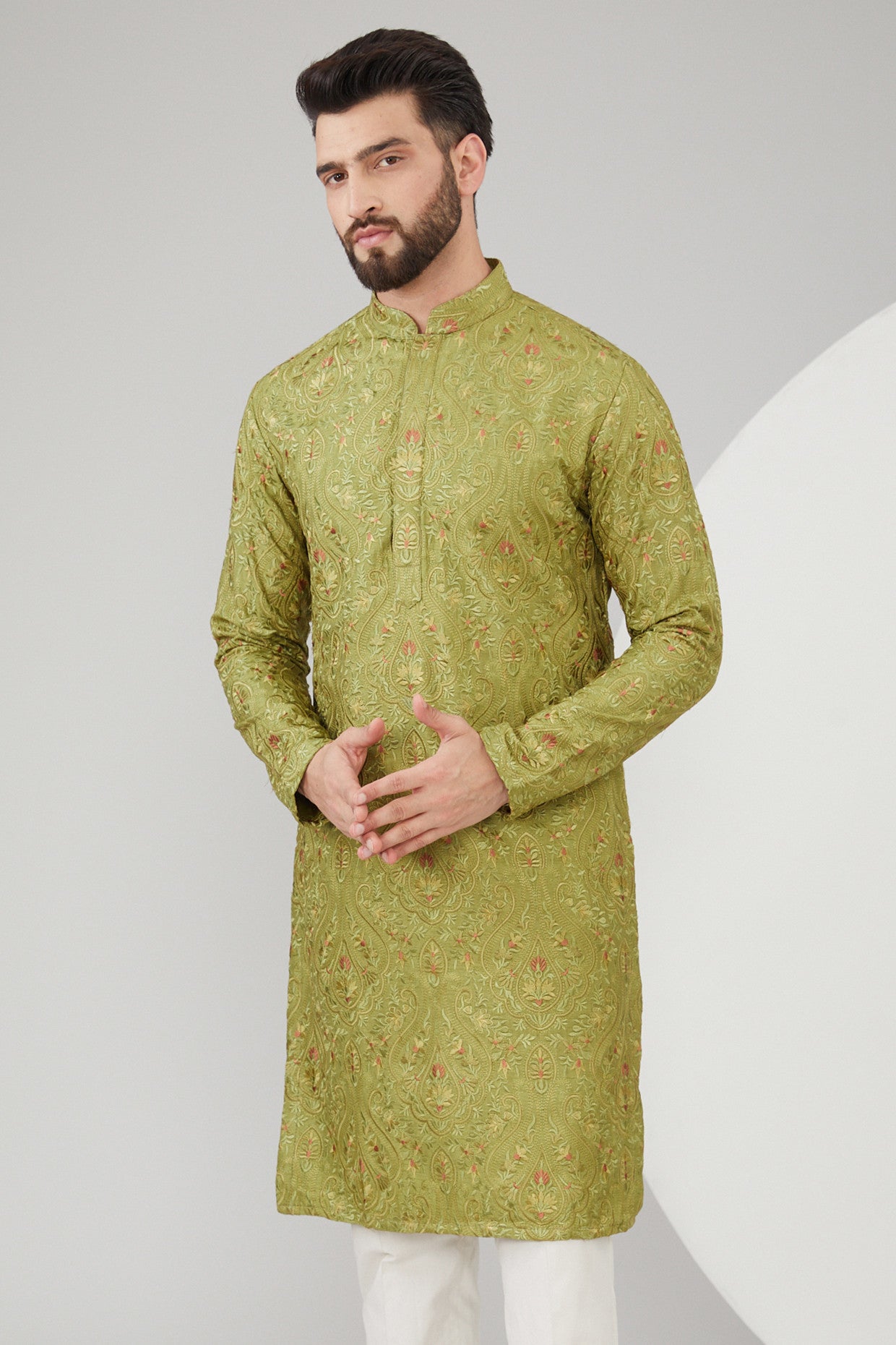 Mehendi Green Silk Kashmiri Embroidered Kurta - kasbahmen