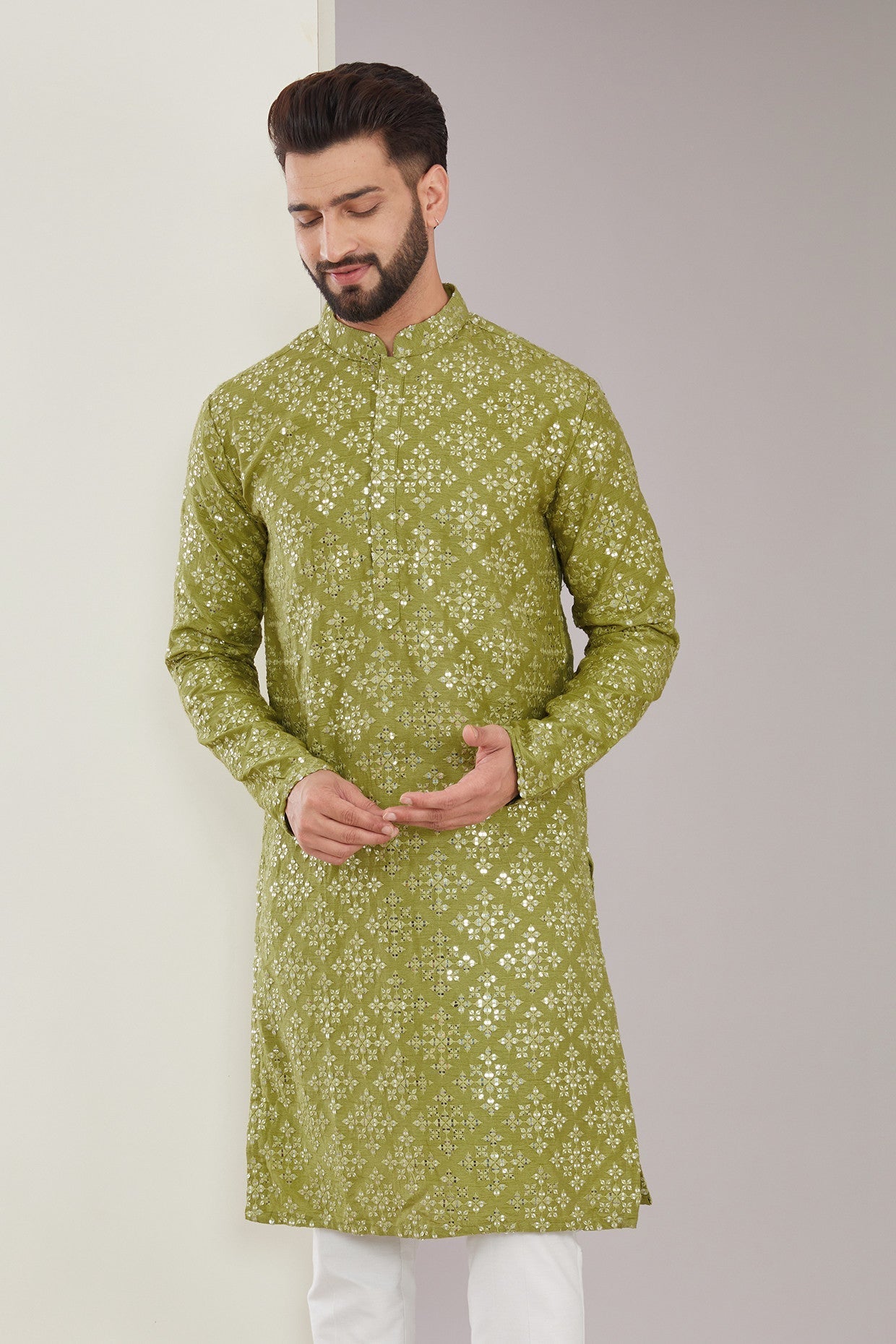 Signature Mehndi Green Mirrorwork Kurta - kasbahmen