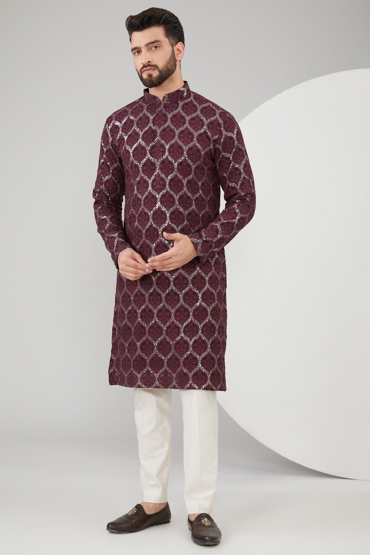 Wine Georgette Thread Work Chikankari Kurta - kasbahmen