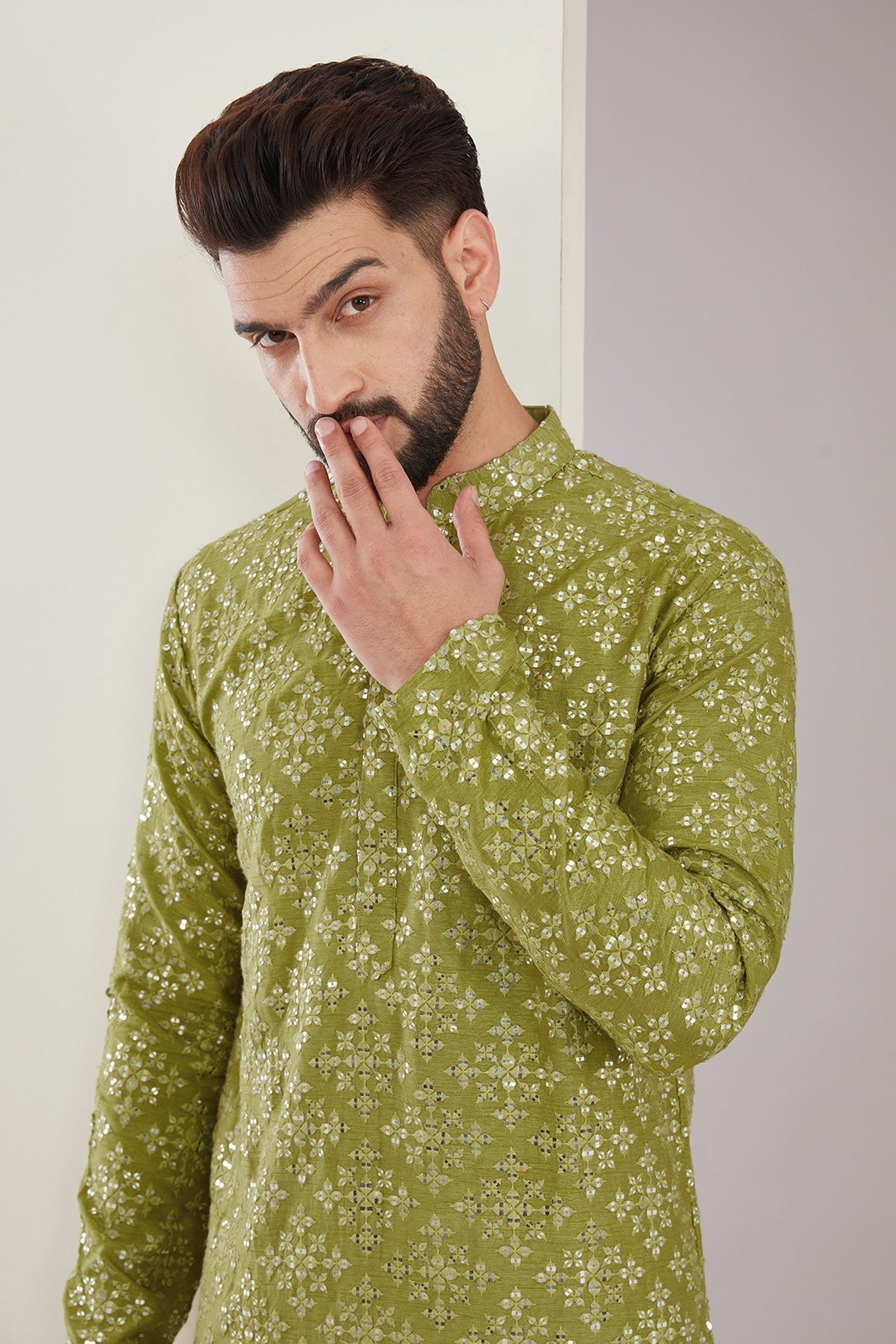 Signature Mehndi Green Mirrorwork Kurta - kasbahmen