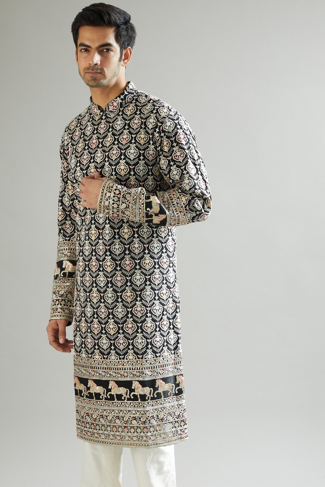 Black Kurta With Multi-Colored Thread Embroidery - kasbahmen