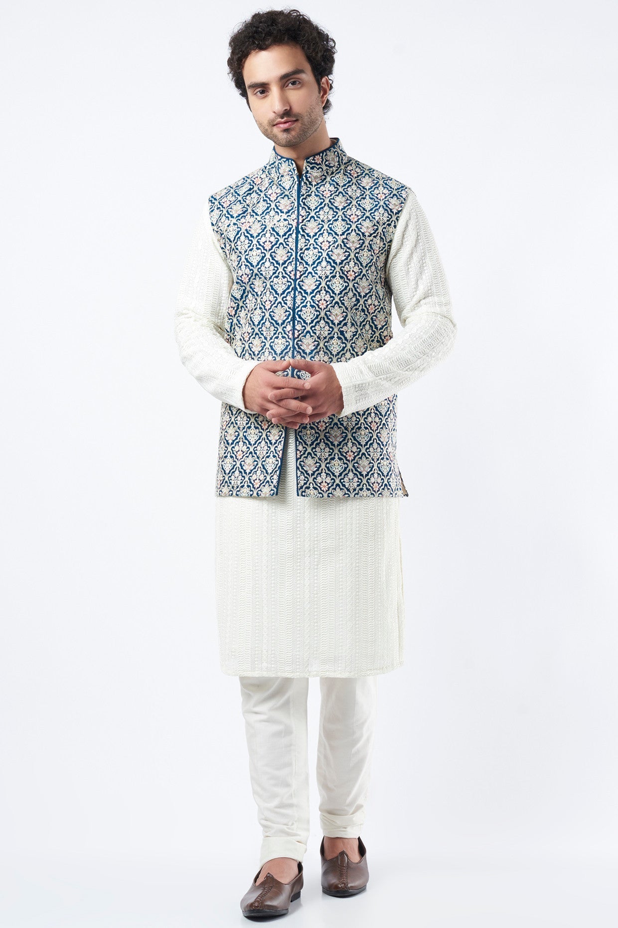 Cobalt Blue Embroidered Bundi Jacket - kasbahmen