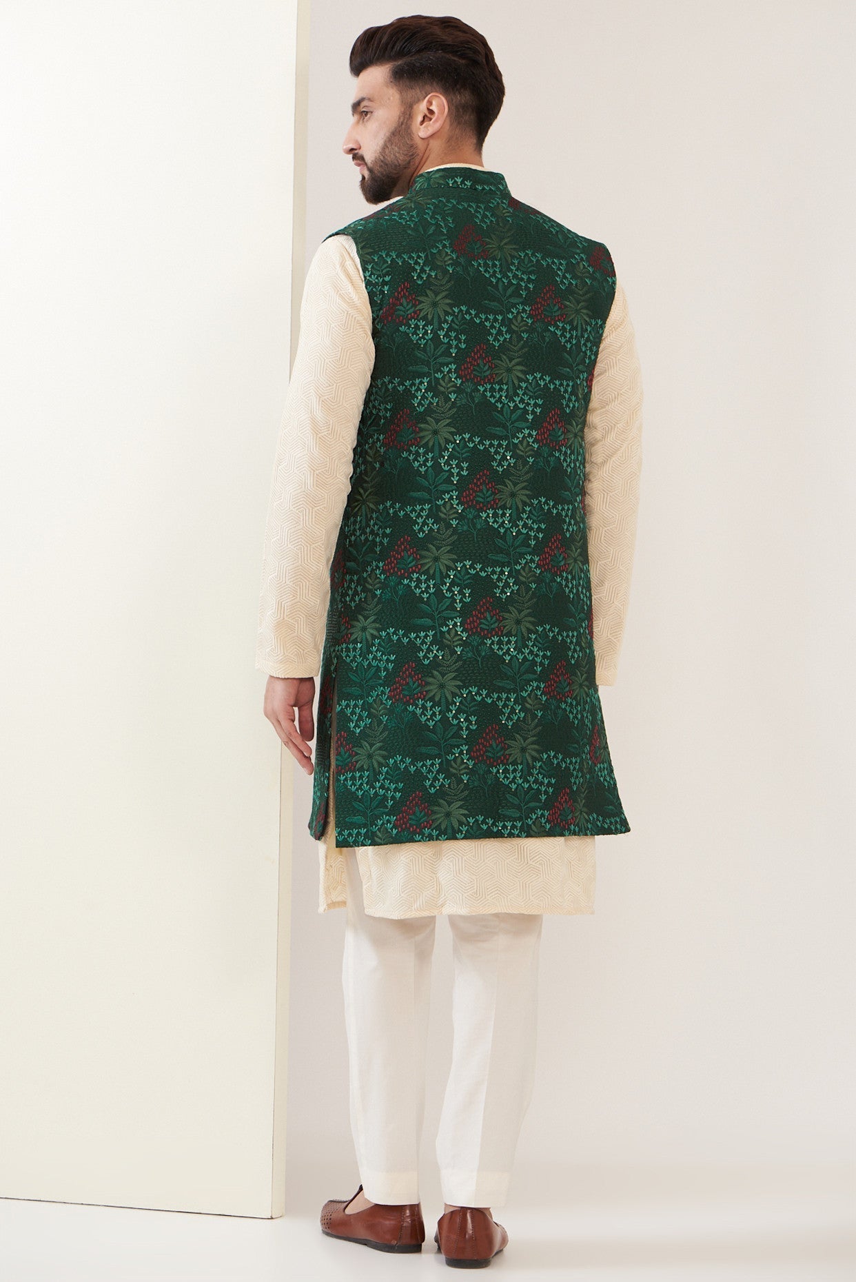 Bottle Green Embroidred Long jacket - kasbahmen