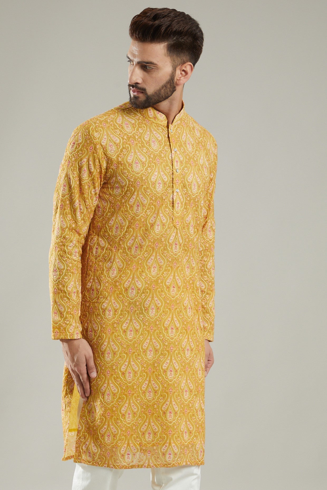 Mustard Georgette Embroidered Kurta - kasbahmen