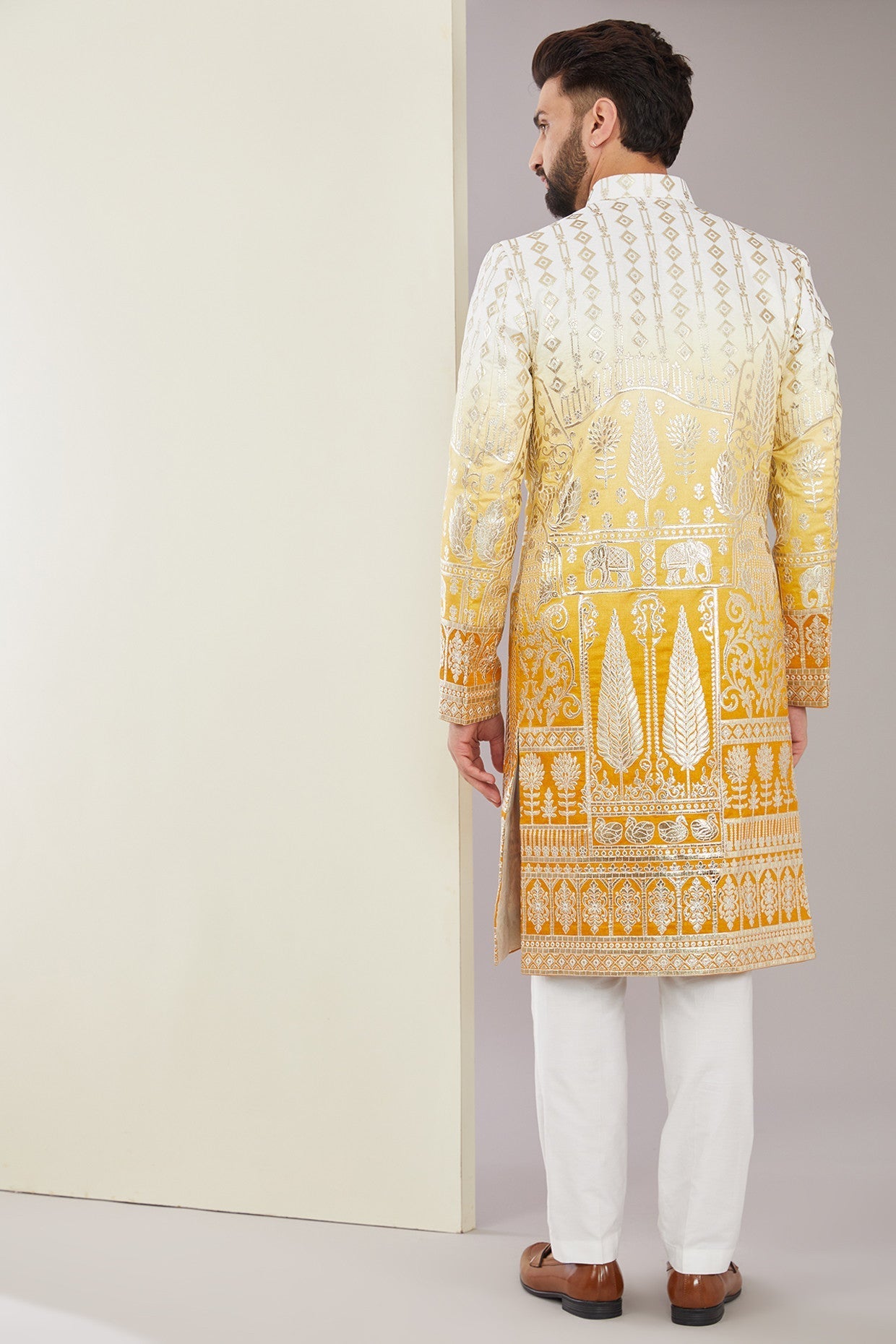 Yellow Ombre Sherwani with traditional floral motifs embroidered chrome Applique - kasbahmen