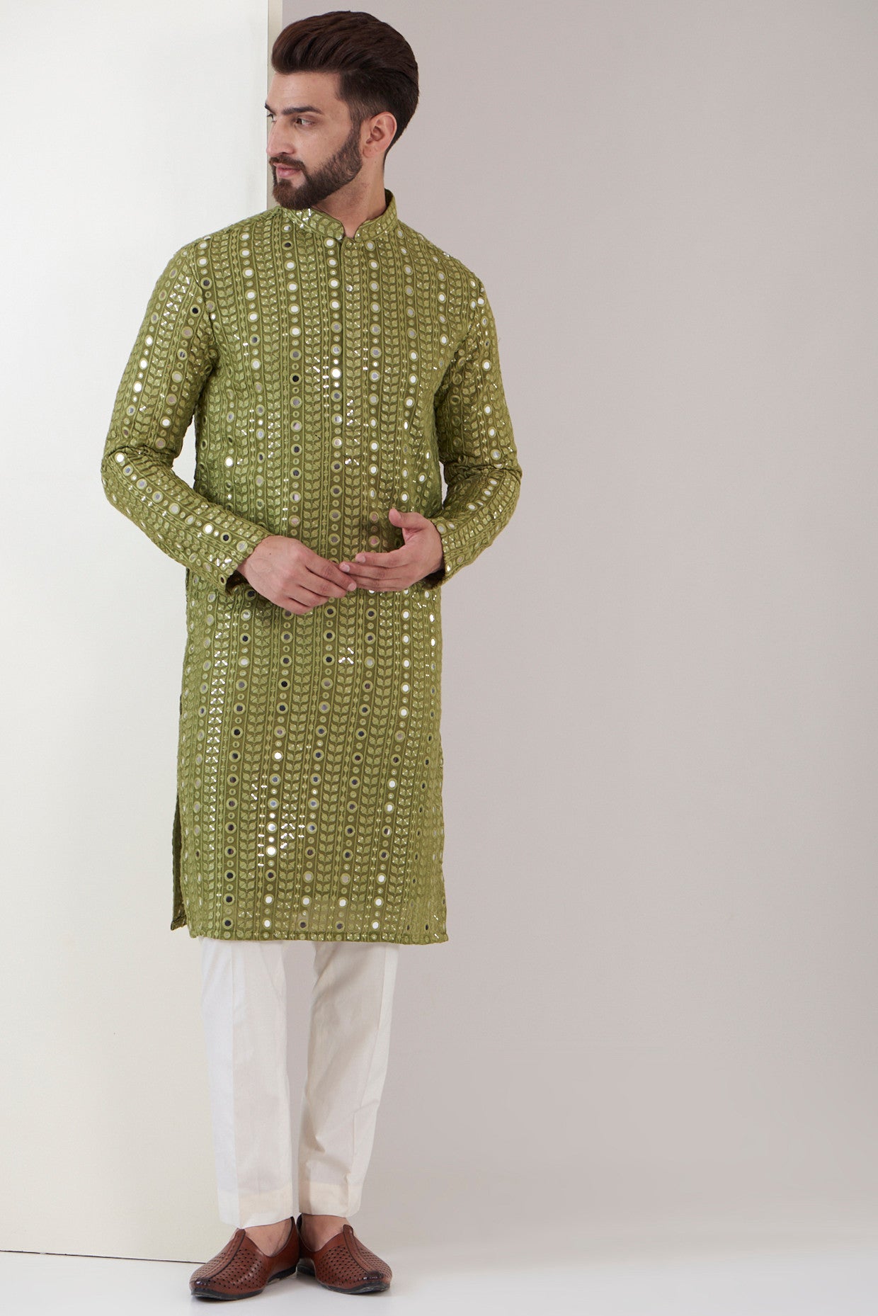 Mehandi green mirror work kurta - kasbahmen