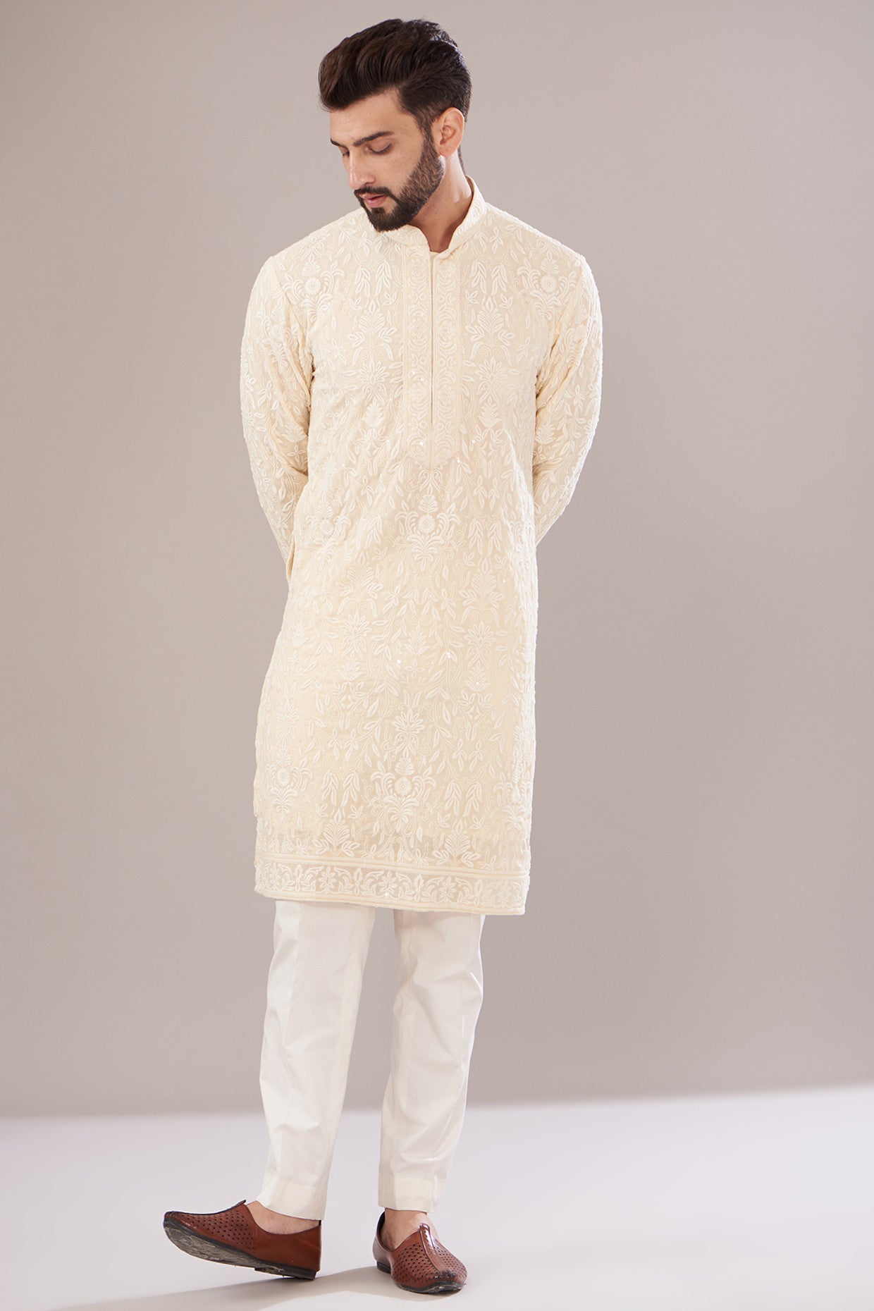 Ivory Georgette Embroidered Kurta - kasbahmen