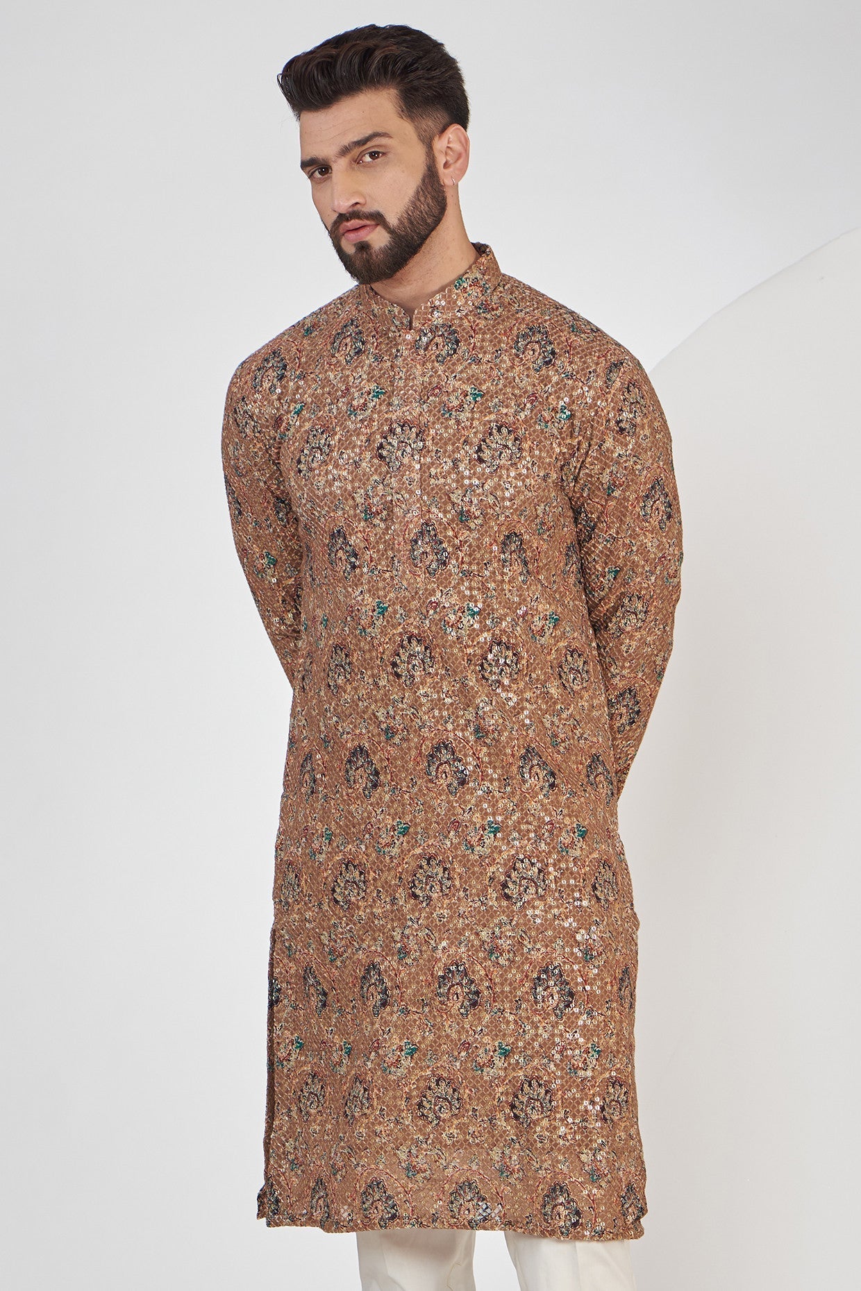 Tan Brown Floral Embroidered Kurta on Print - kasbahmen