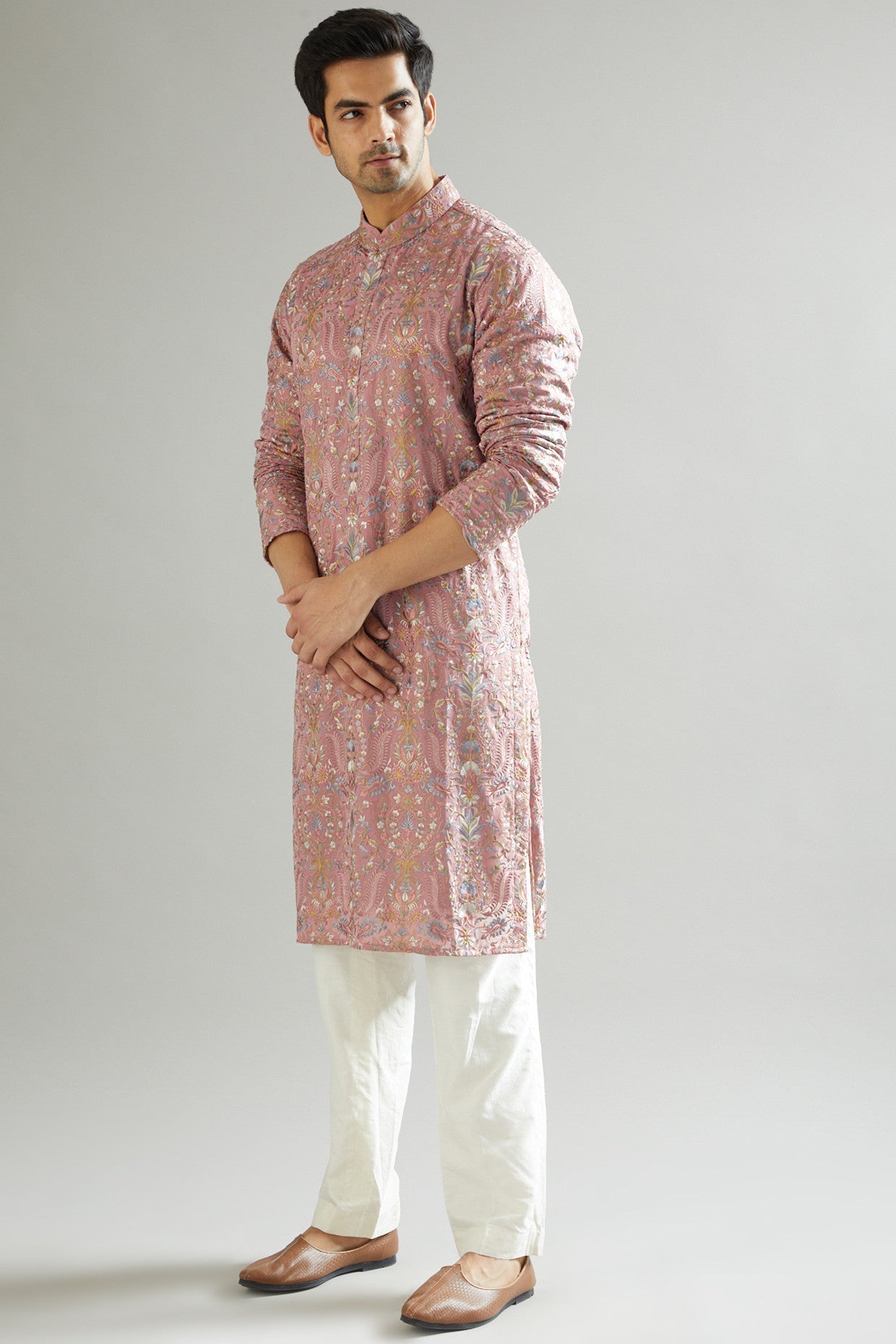 Mud Pink Floral Embroidered Kurta - kasbahmen