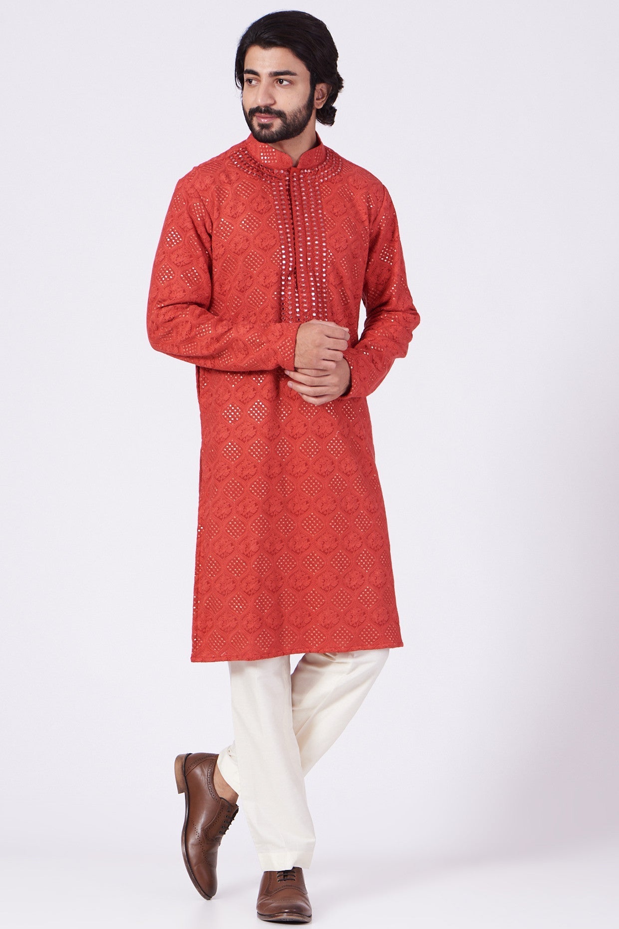 Red Hand Embroidered Kurta - kasbahmen