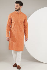 Rust Orange Floral Embroidered Kurta - kasbahmen