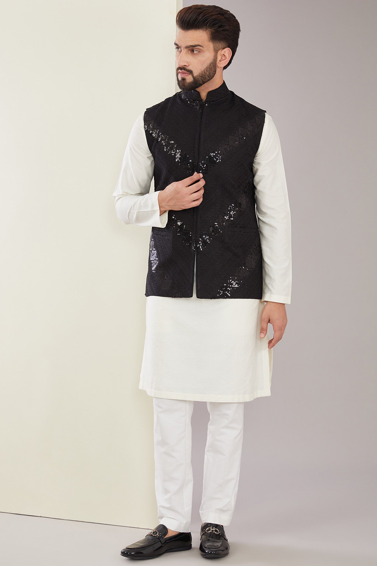 Formal Black Sequined Nehru Jacket - kasbahmen