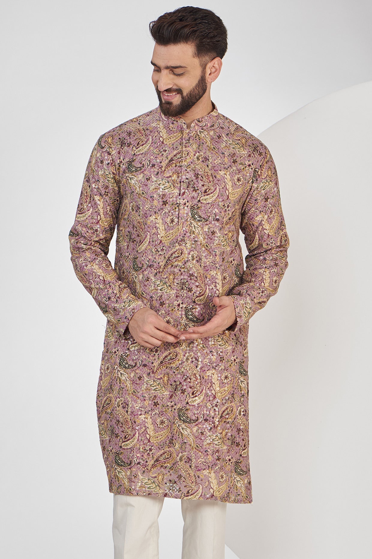 Purple and yellow embroidered kurta on print - kasbahmen