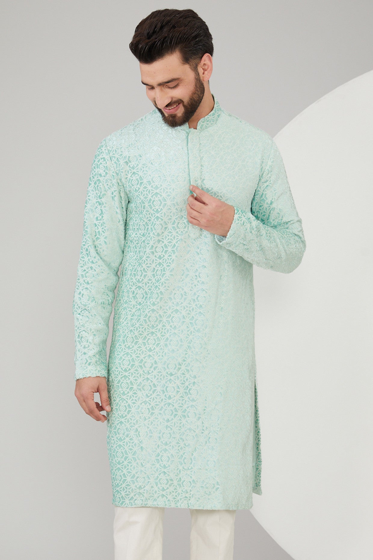 Ice Blue Velvet Geometric Embroidered Kurta - kasbahmen