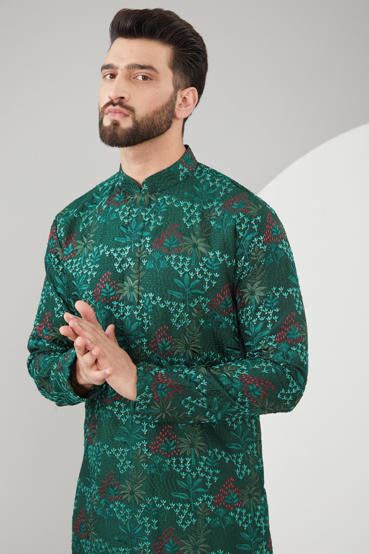 Bottle Green Silk Floral Embroidered Kurta - kasbahmen