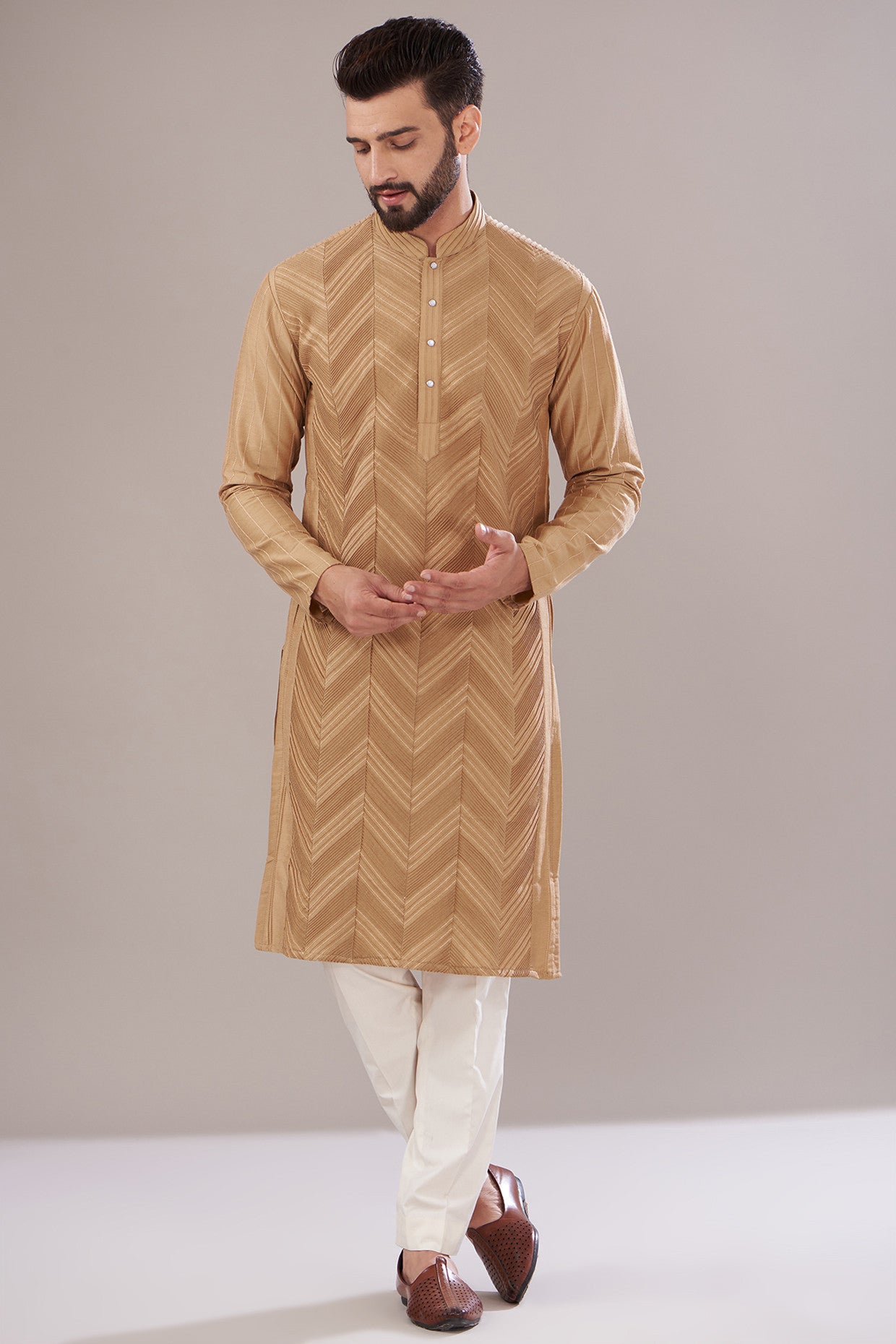 Brown Slub Silk Embroidered Kurta - kasbahmen