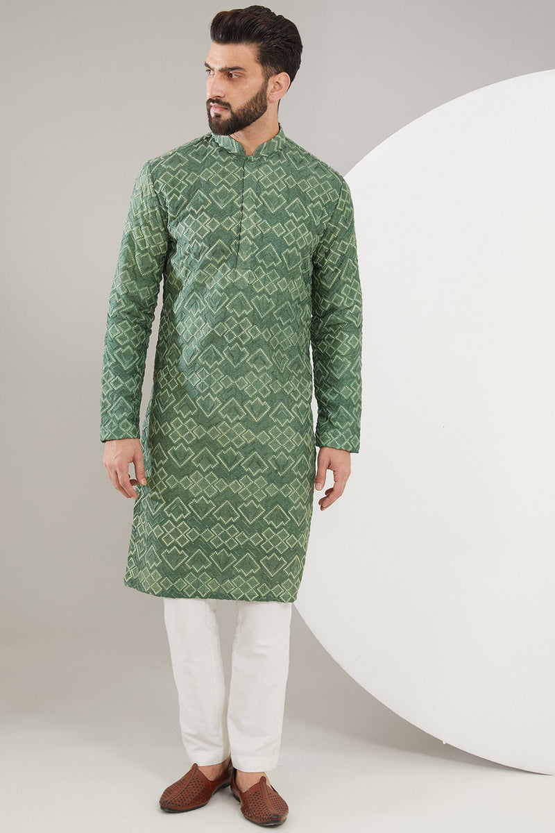 Eel Green Geometrically Embroidered Kurta