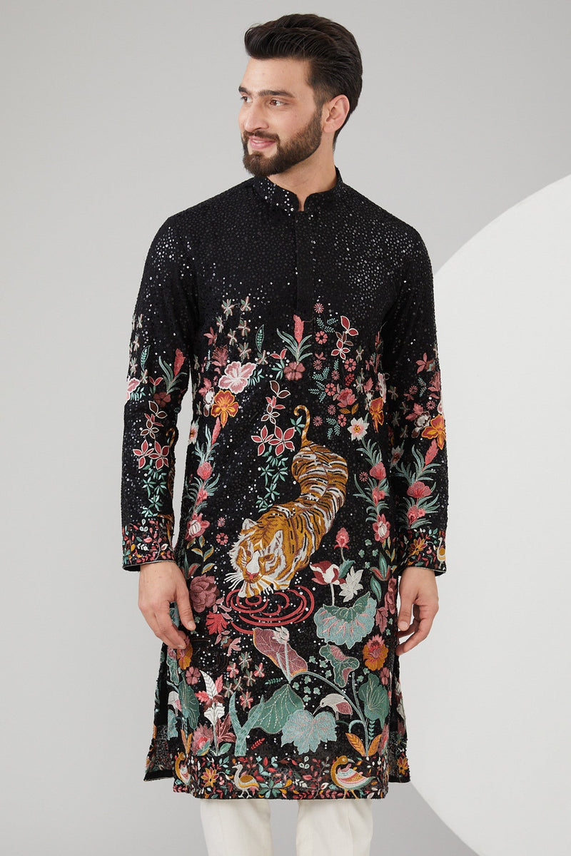 Black Georgette Floral Embroidered Kurta